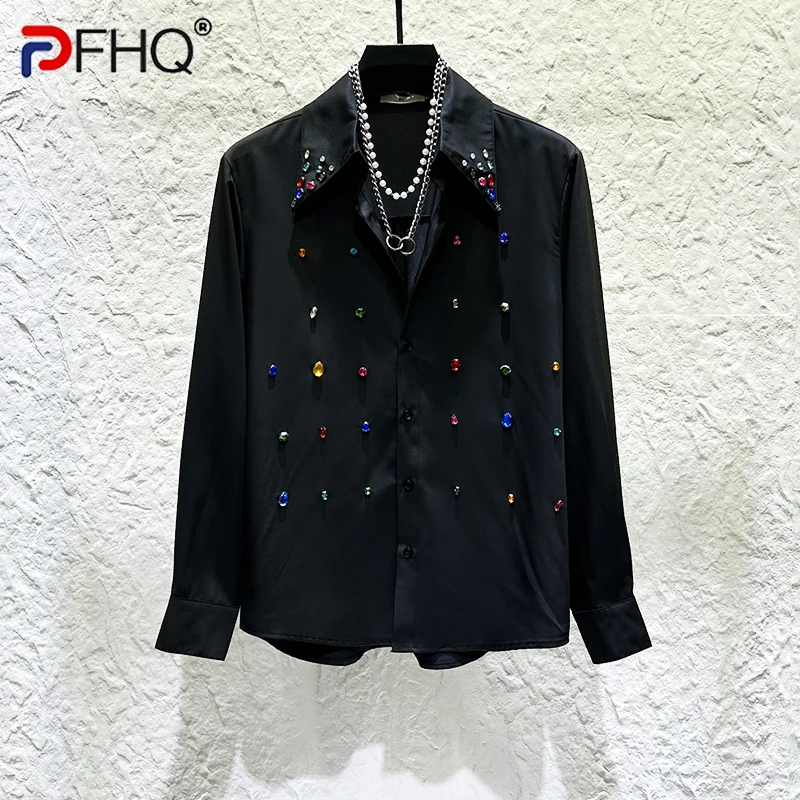 PFHQ تصميم جديد الرجال قميص ملون الماس الديكور شخصية الموضة طويلة الأكمام بدوره إلى أسفل طوق الاتجاه الذكور القمصان 21E7903 #1
