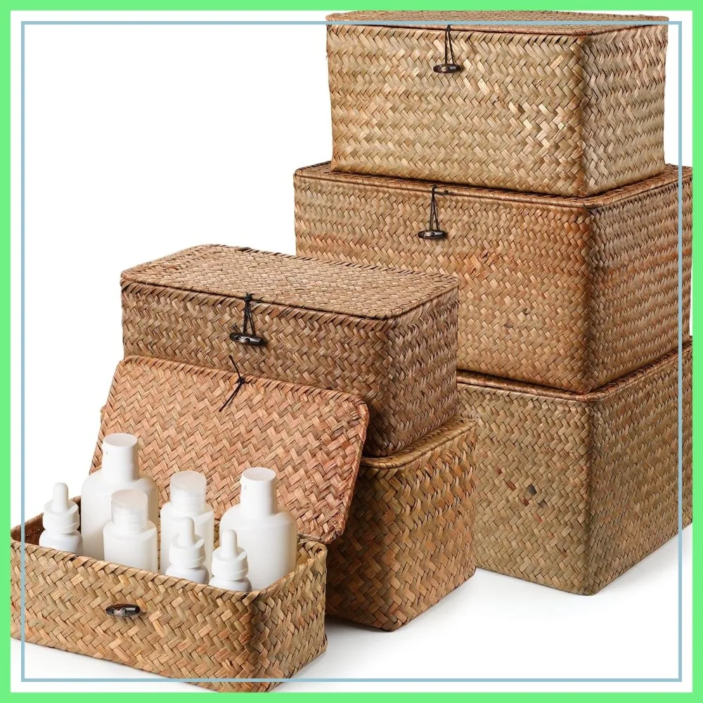 

6 Pcs Seagrass Basket with Lid, Wicker Storage Decorative Boxes, Woven Organizer for Shelf Closet Bedroom, 6 Sizes, Dark Brown