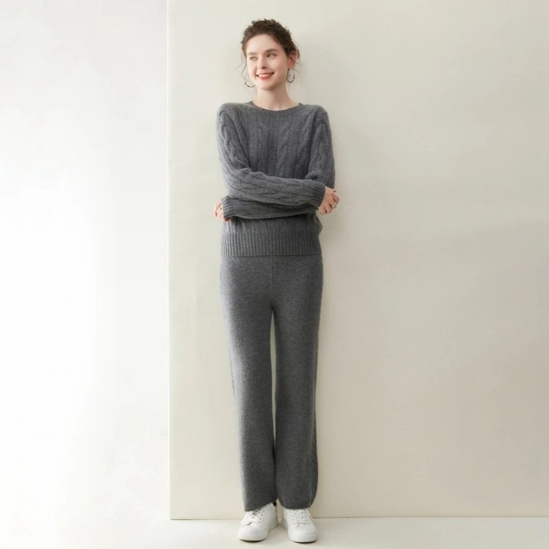 Women 100% Cashmere Sweater O-neck Pullover Straight-leg Pants Set Autumn Winter Thick Jacquard Trousers Office Lady Soft Knit