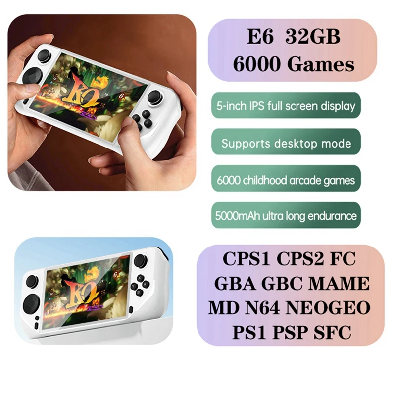 E6 Handheld Game Console 32GB 6000+Games 5 Inch Screen 5000mAh Support for GBA GBC PSP PS1 N64 Game Console White