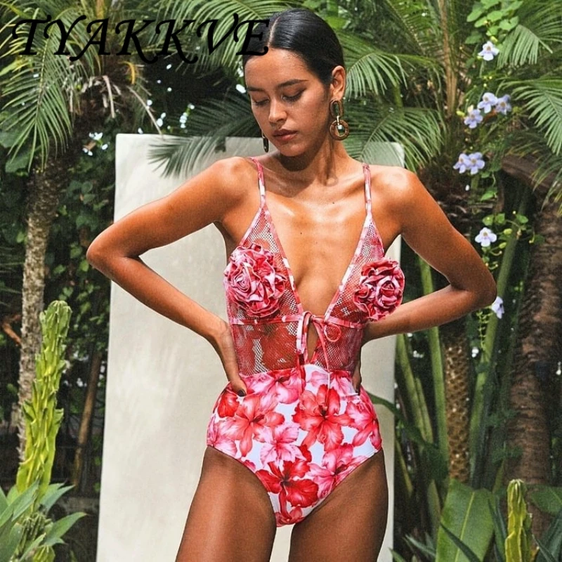 TYAKKVE 2024 New Sexy Fit 3D Flower Women's One Piece Swimsuit Printed Bikini Swimwear Two Piece Set Beach Vacation Monokini Set