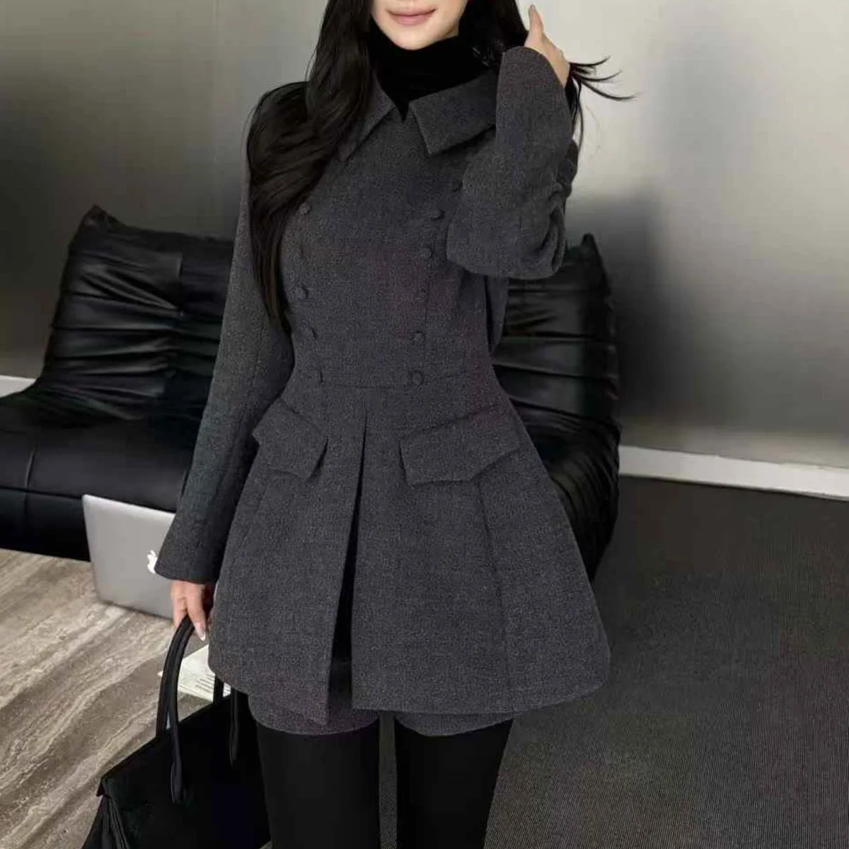 BJJTZ Trench Coat feminino de inverno 2025, jaqueta elegante com gola entalhada de designer de alta qualidade, quente e confortável