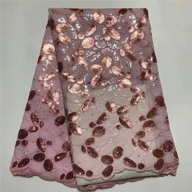 

5 Yard Hot Selling French Lace With Sequins African Tulle Cord Guipure Lace Net Embroidered Fabric For Wedding Party PSJF022705
