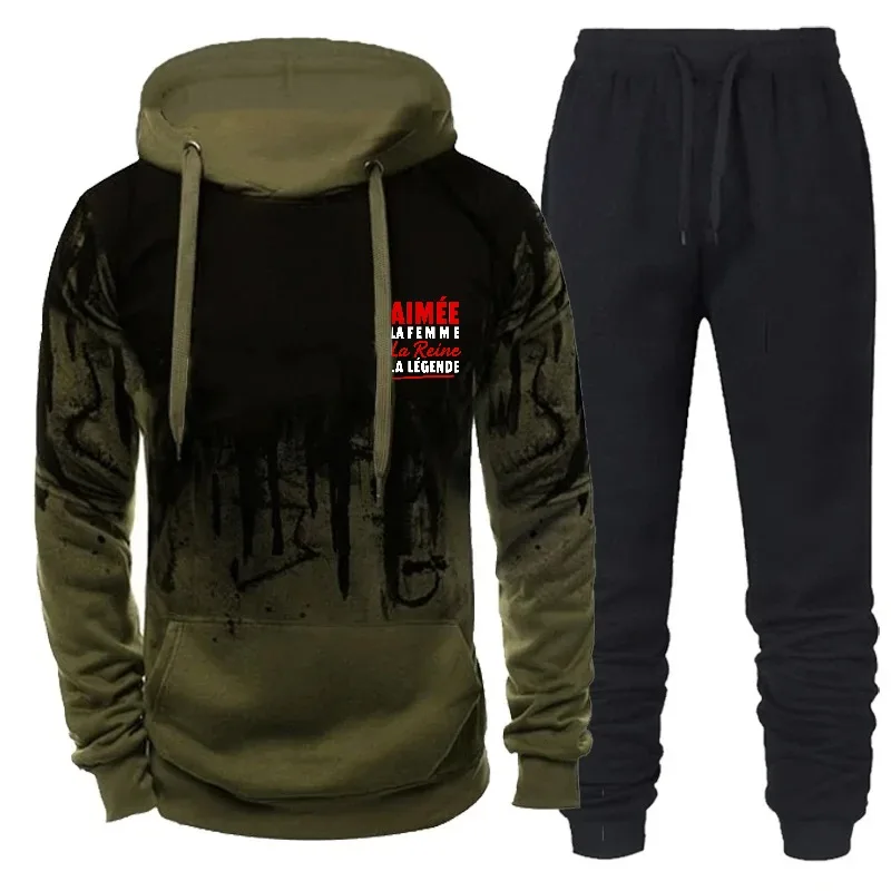 رجل هوديي أسود رمادي مطبوعة نمط النص BIMET LA FEMME LA LEGENDE ملابس رياضية كاجوال البلوز ركض مجموعة