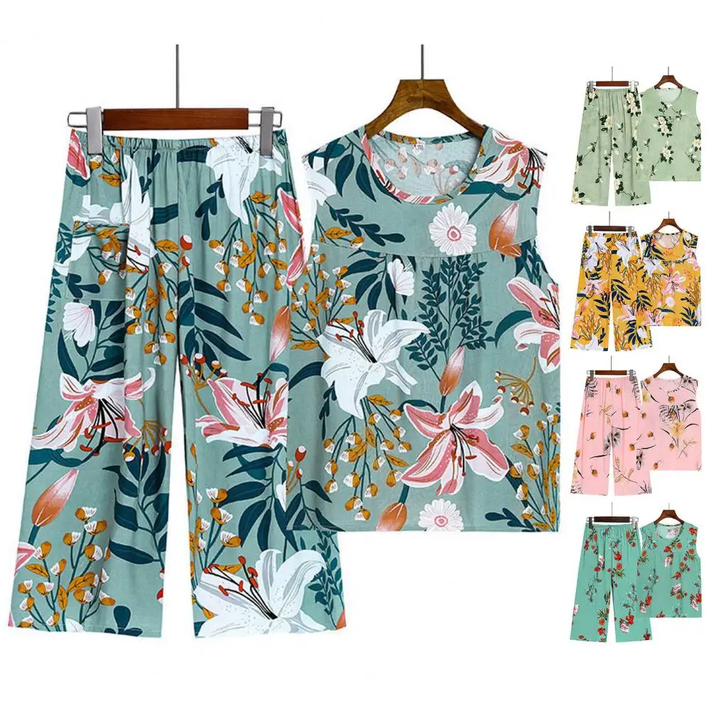 Summer Capris Printed Women Sleep Lounge Pajama Sleevless Pajama Sets Cartoon Pyjamas Polyester Sleepwear 3XL 5XL Home Fashion