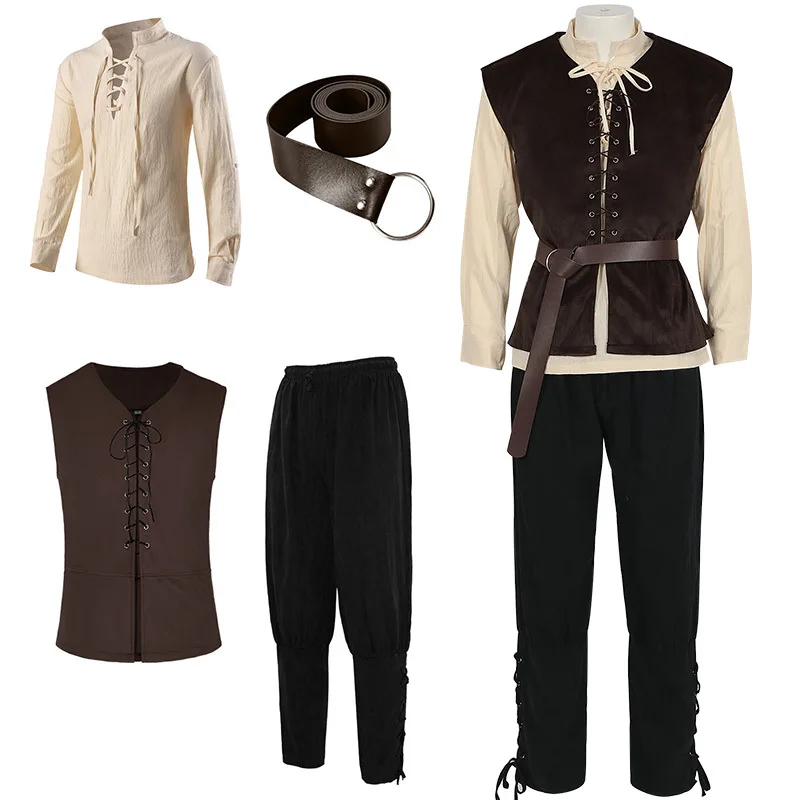 Camicie medievali Gothic Steampunk Victorian Pirate Colony Costume Cosplay Mens top Vest allacciatura camicia Larp Vintage Pant