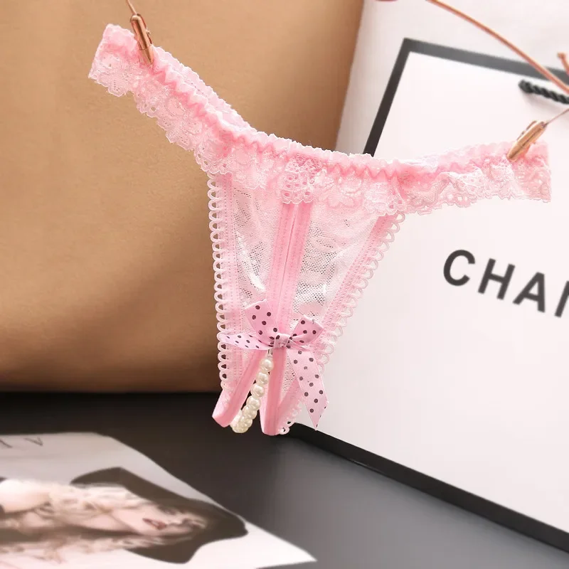 Pakaian Dalam Wanita Seksi Model G-String Berlubang dengan Hiasan Mutiara dan Pita, Celana Dalam Thong Warna Solid Pinggang Rendah, Pakaian Dalam Menggoda 2025