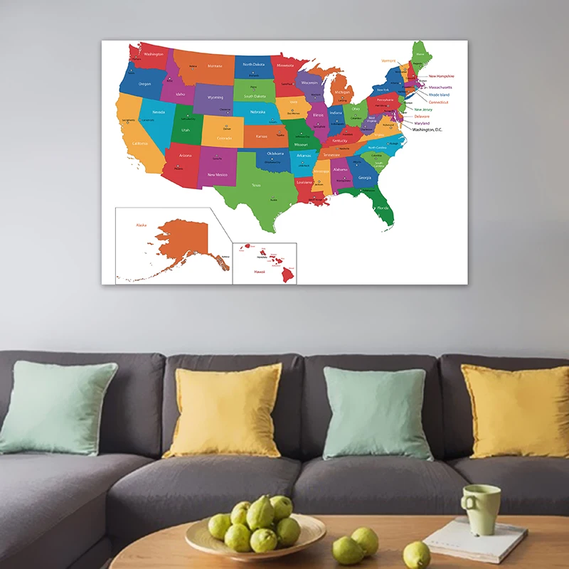 Mapa de los Estados Unidos, carteles grandes de 225x150cm, lienzo no tejido, pintura, impresiones de arte de pared, suministros escolares, decoración del hogar