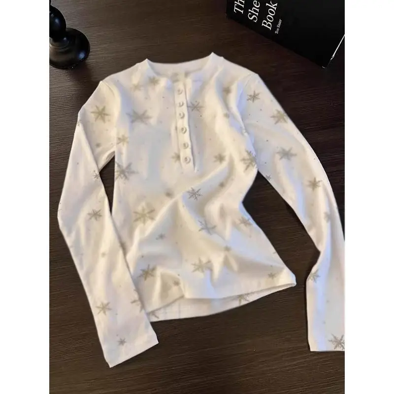 Womens Wasteland Style Henry Collar Long Sleeve Top Spring Snowflake Print Slim Fit Base Shirt