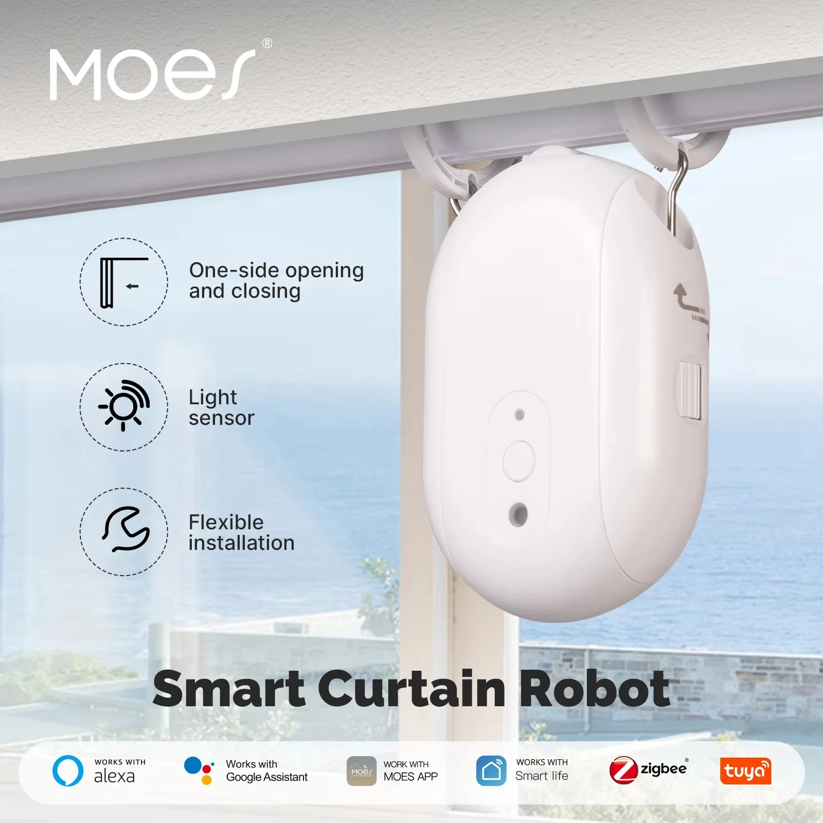 MOES Tuya ZigBee Robot Intelligente per Tende Elettriche con Funzione di Temporizzazione, Apertura e Chiusura Automatica, Sensore di Luce, Controllo Remoto tramite App, Compatibile con Alexa e Google Home