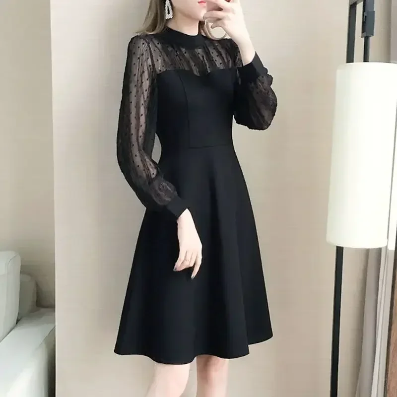 Splicing Women\'s Long Sleeve Dresses Mesh Female Dress Black High Quality Luxury Thic Outfits 2025 Fashion A Line Elegant Curvy