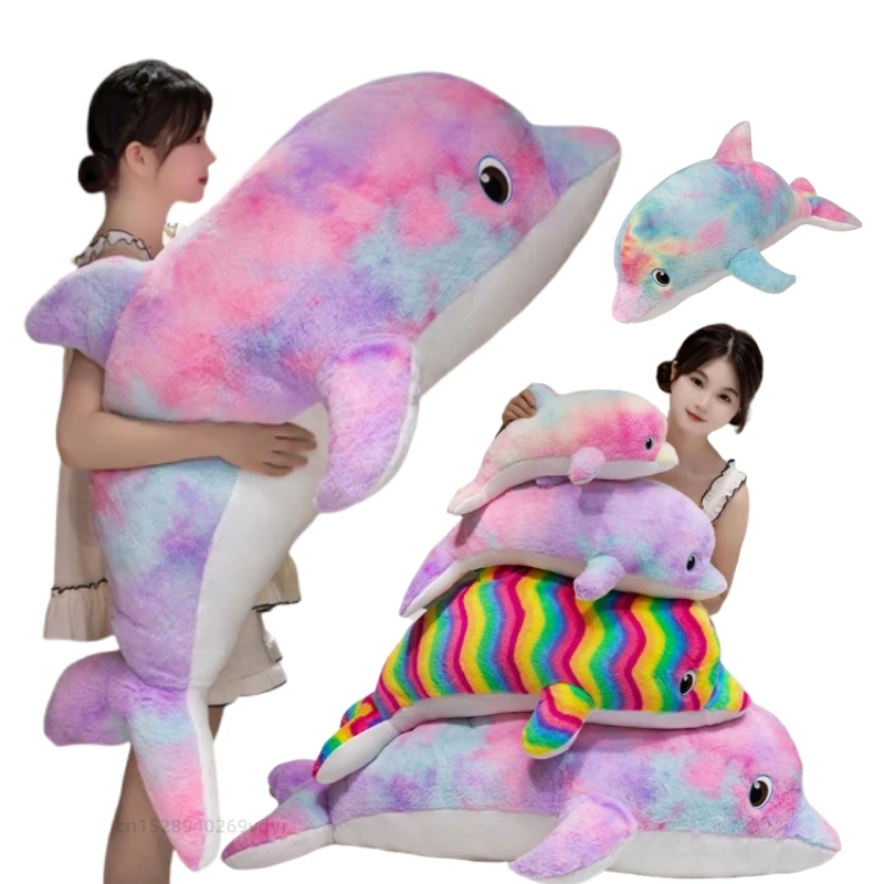 50-130cm Colorful Dolphin Plush Toys Giant Size Sea Animal Stuffed Soft Cushion Sleeping Throw Pillow Dolls for Christmas Gifts