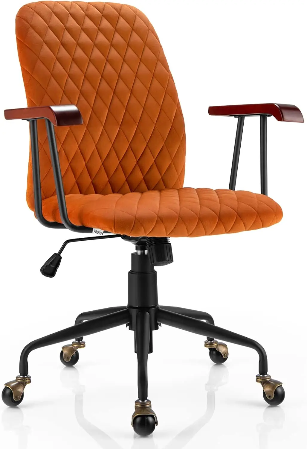 Giantex Home Office Desk Chair Orange, Vintage Adjustable Swivel Rolling Chair With Copper Wheels & Armrest, Mid Century