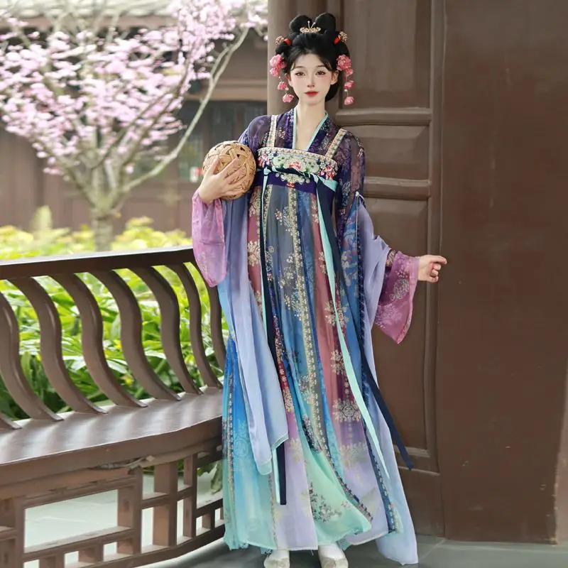 Original High-waisted Ruqun Hanfu Set - Spring Summer Embroidery Nine-petaled Skirt with Pi Bo Scarf Chinese Anicent Costume