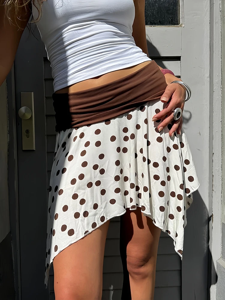 

Oniflyme Polka Dot Printed A-line Mini Skirt Women Fashion Streetwear Contrast Patchwork Irregular High Waist Sexy Short Skirts