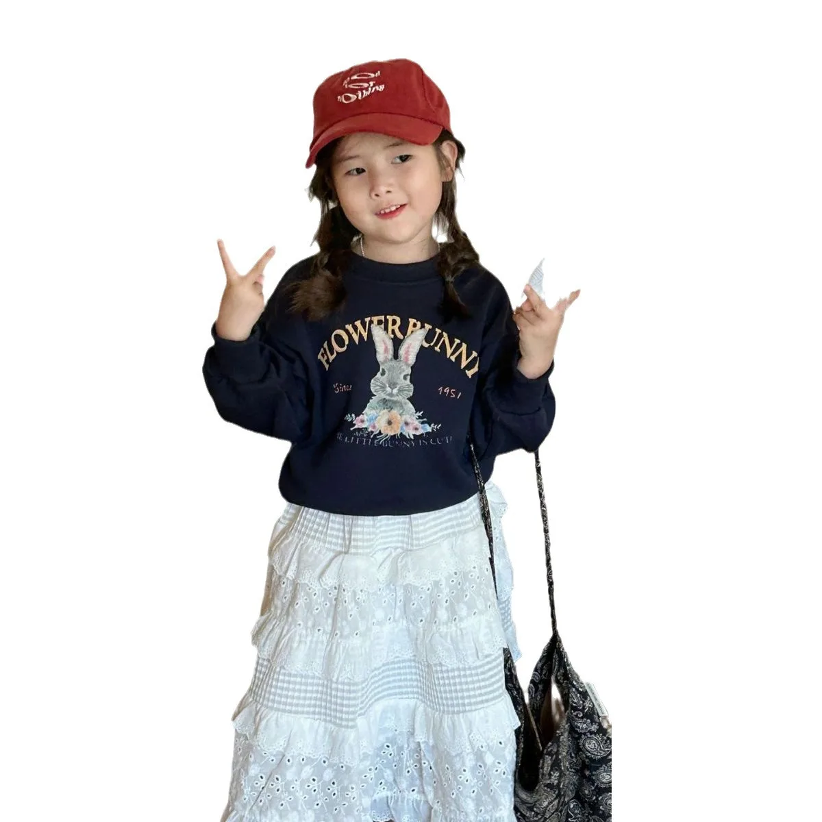 Ragazze coreane 2024 blu Navy carino coniglio felpa + pizzo bianco torta gonna ragazza 2 pezzi cotone Set moda bambino primavera autunno Outfit