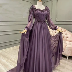 Elegante Dark Purple Silk Chiffon Prom Kleider Lange Ärmeln 3D Blumen Perlen Saudi Arabisch Frauen Formale Abendkleider