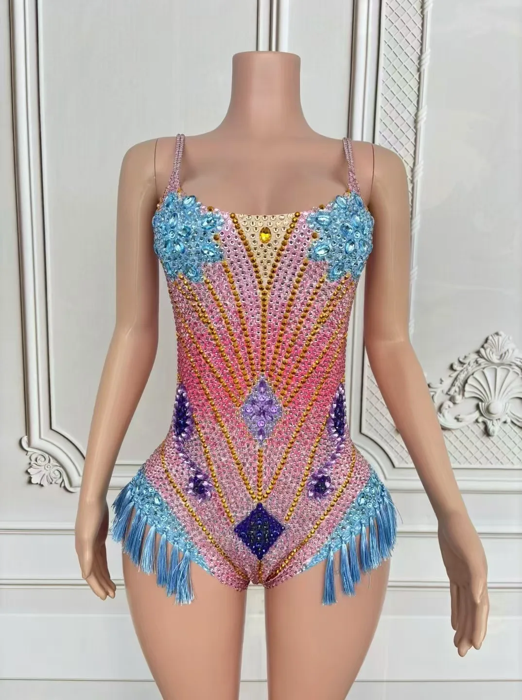 Sexy podium roze blauw strass bodysuit gogo danseres kostuum verjaardag nachtclub bar club danskleding sexy franje partij rave outfit