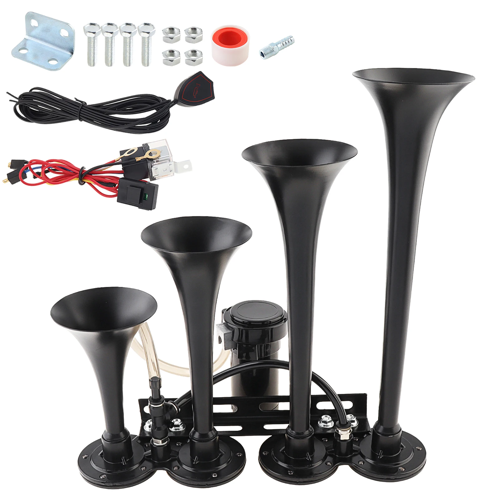 12V 185db Super Loud Four Trumpet Air Horn Fit for Cars / Trucks / Motorcycles / Boats with Compressor and Switch Button