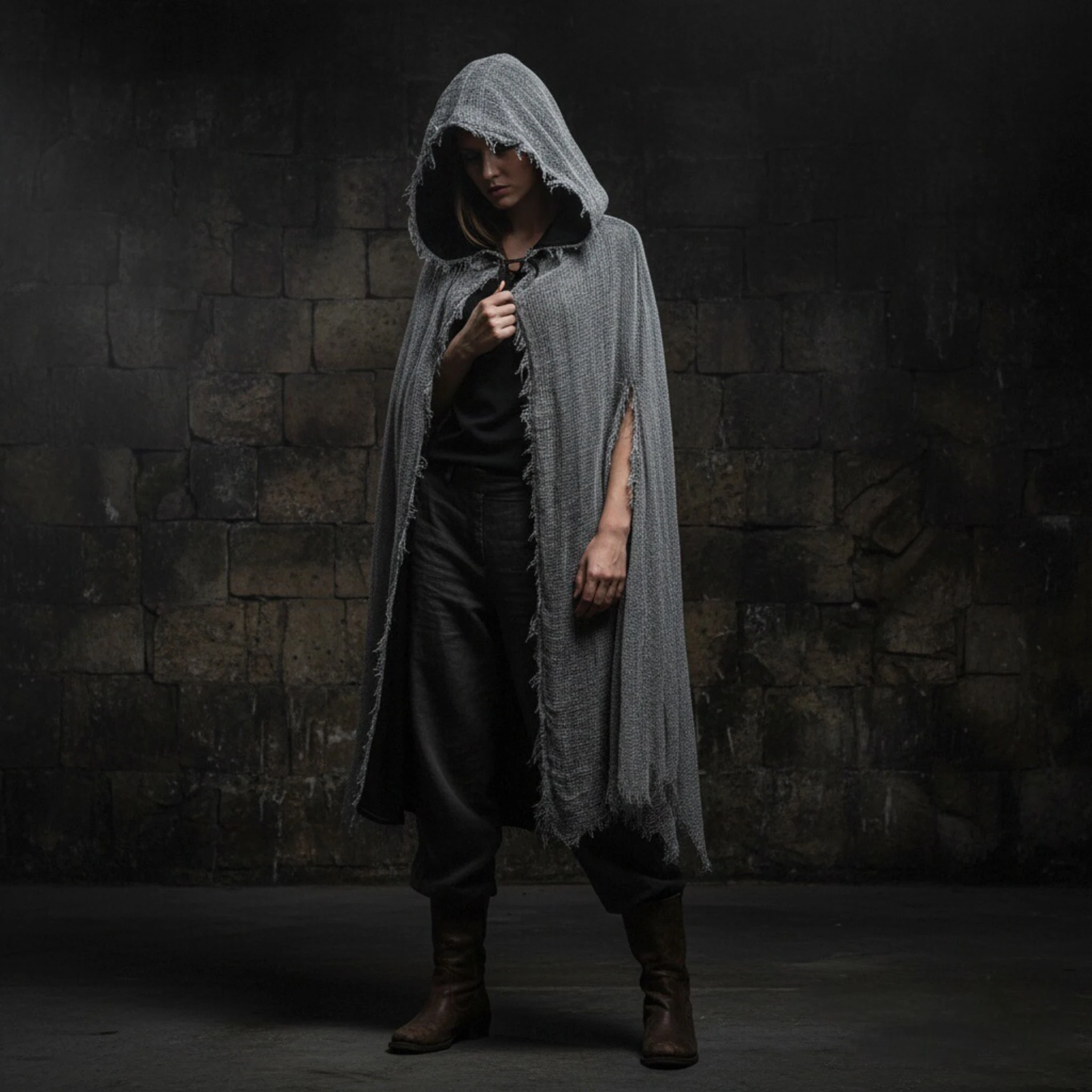 Distressed Ragged Hooded Full Length Cape Grey Rough Texture Tattered Cloak Adult Halloween Horror Ghost Medieval Wizard Role - view 2