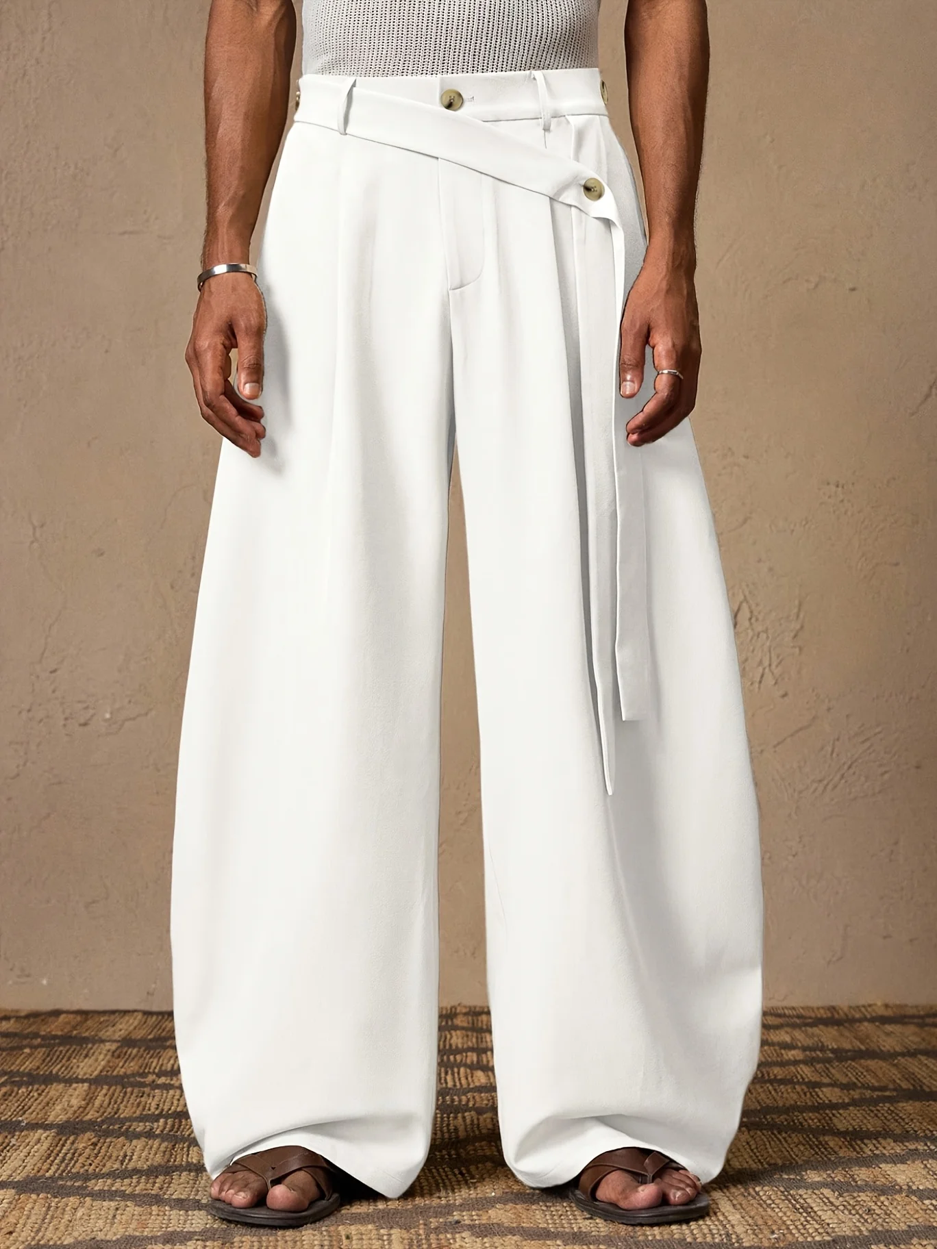Men's High Waist Wide Leg White Trousers Asymmetrical Belt Design Casual Business Pants