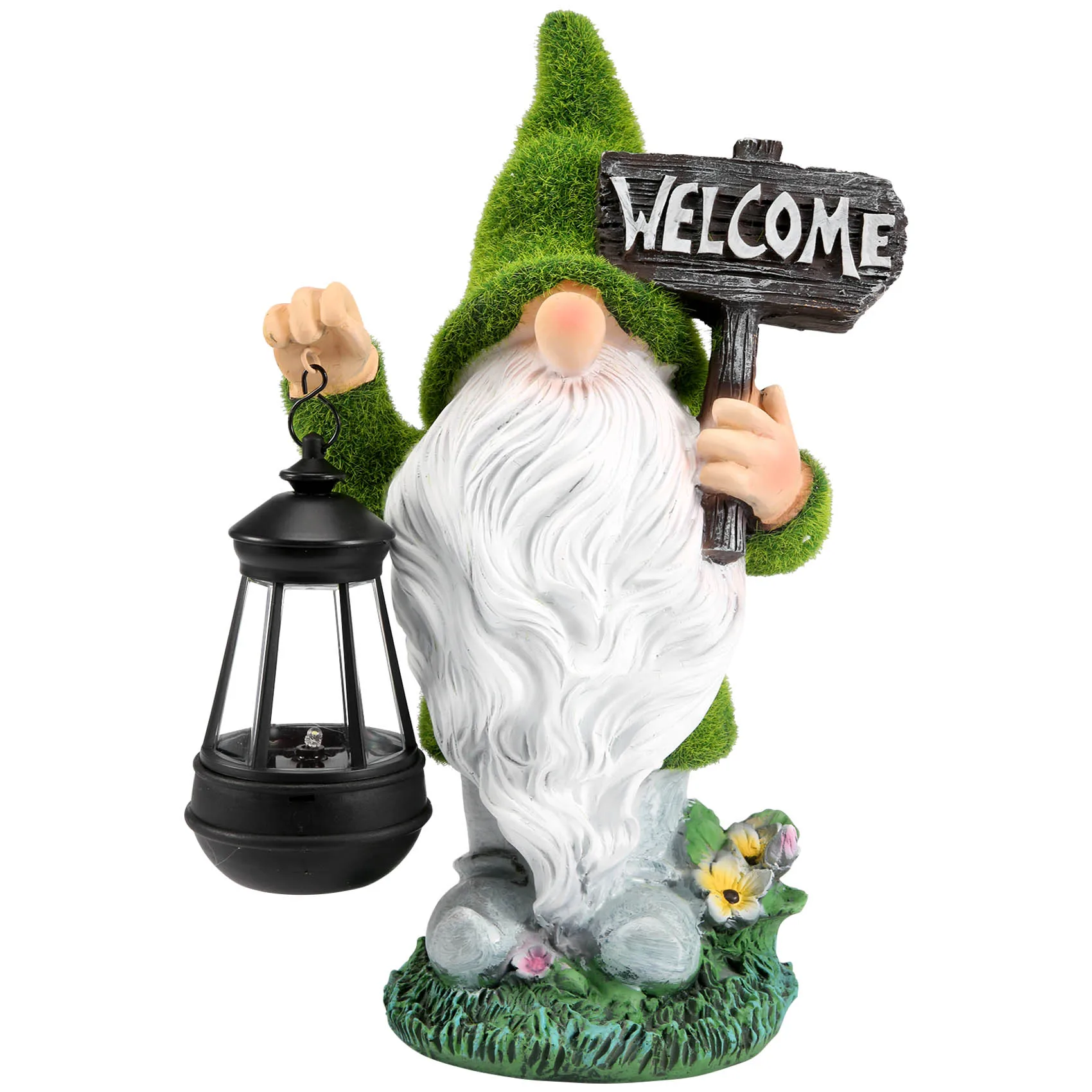 

Flocking Gnome Solar Garden Statues Outdoor Decor Flocked Gnome with Solar Lantern Figurine Dwarfs Jardim Yard Ornaments