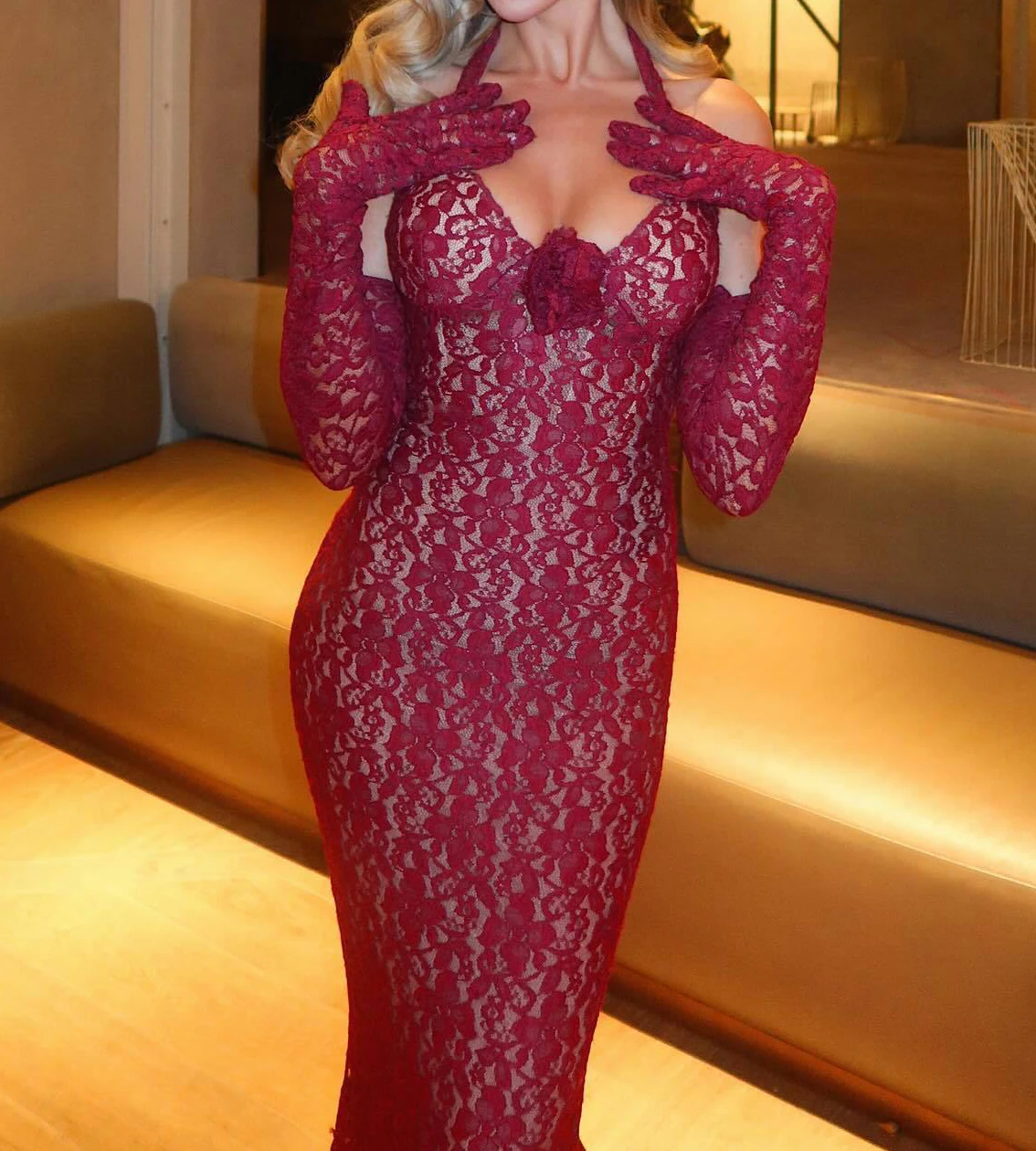 أزياء بورجوندي حورية البحر المرأة مثير عارية الذراعين 3D زهرة التفاصيل التطريز حفلة موسيقية Dress-GZINS022 #5