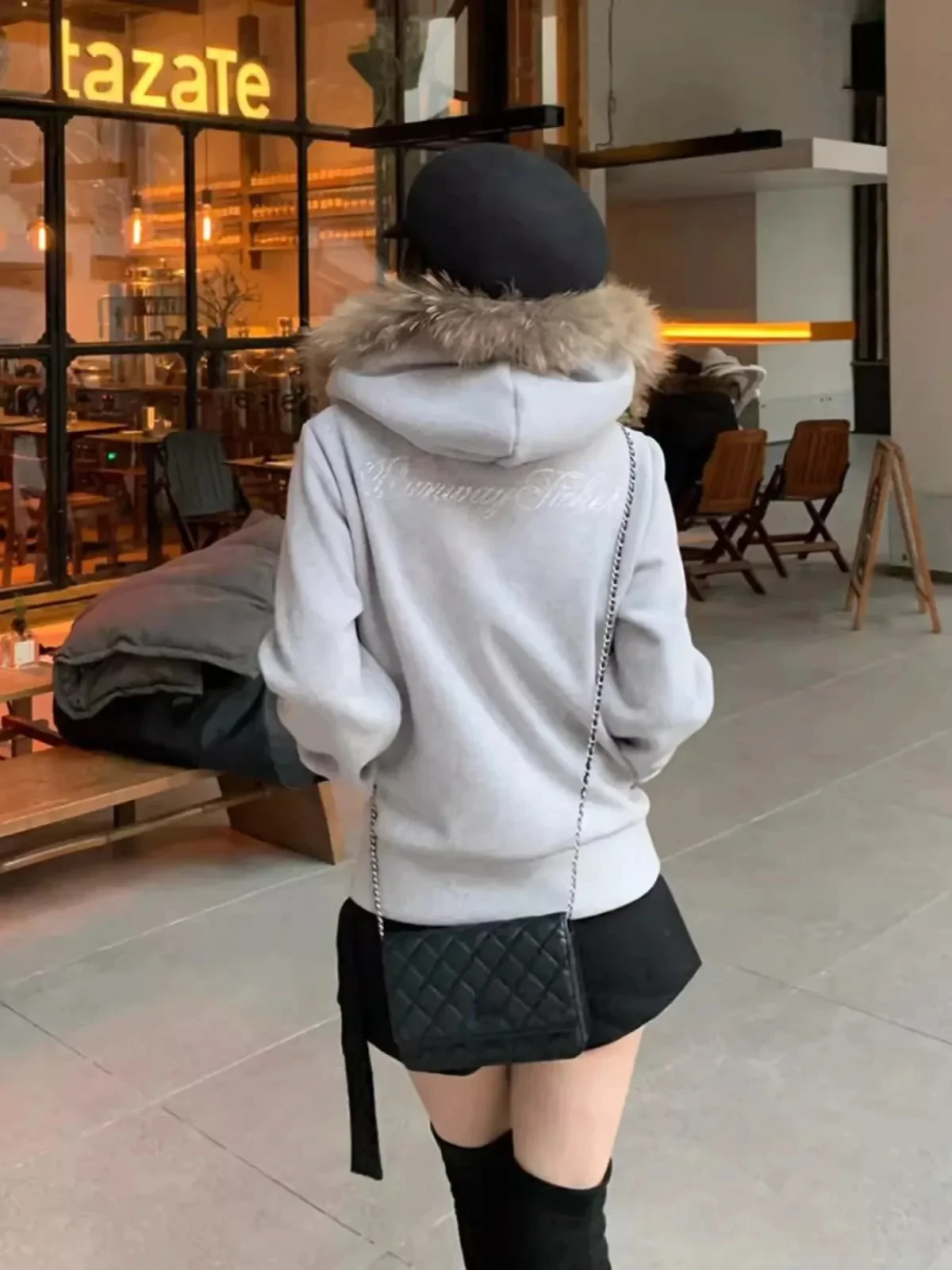 Autumn Vintage Faux Fur Collar Cropped Hoodies Women Streetwear Y2k Zip Up Hooded Sweatshirts Grunge Harajuku Long Sleeve Tops