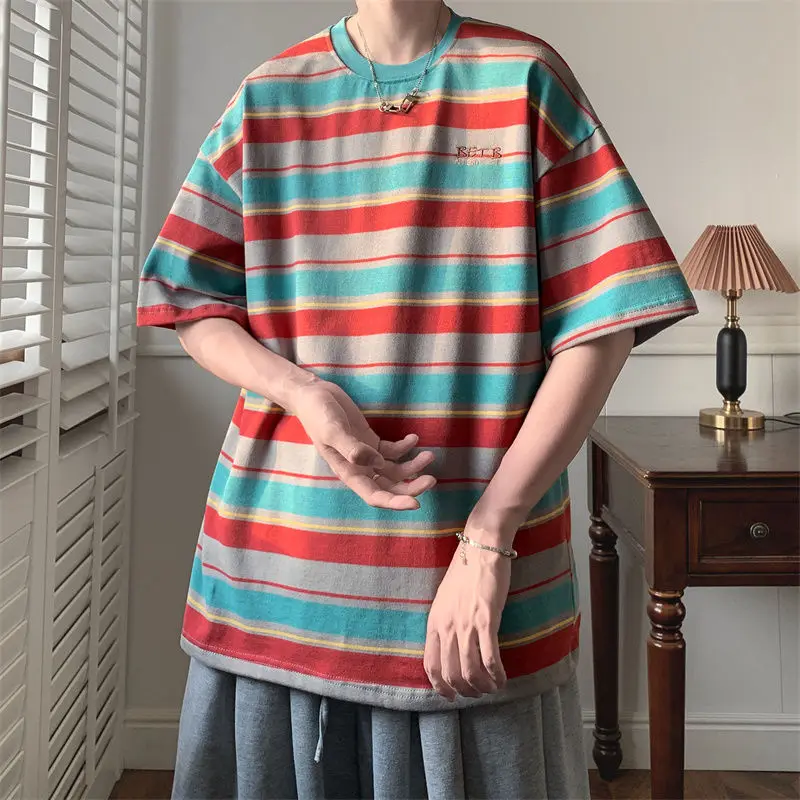Summer Striped Printed Men O Neck Short Sleeve T Shirt Embroidery Graphic Japan Style Hit Color Fashion Casual Oversized Clothes
