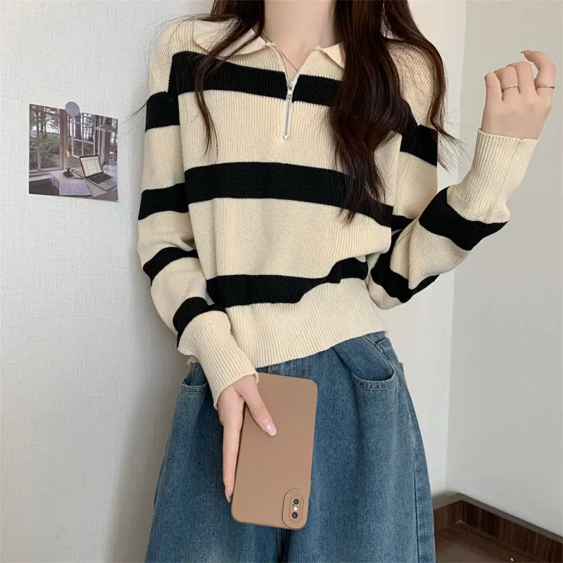 Pullovers Women Striped Students Tender Knitting Design Turn-down Collar Stylish Autumn Simple All-match Korean Style Classic