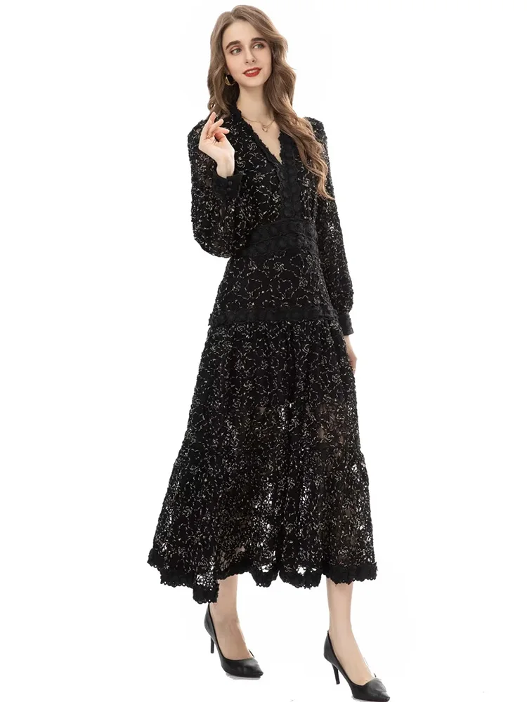 Runway Dress V-neck Lantern sleeve Hollow out Embroidery Vintage Party Midi Dresses For Women 2024 Luxury Brand High Quality