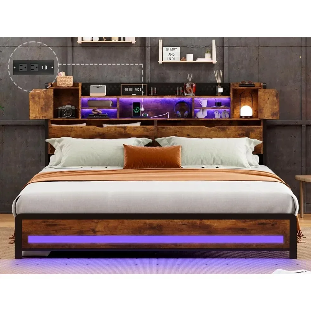 

#For Queen Size Bed Frame with Charging Station, RGB LED Lights, 3 Tier Storage Headboard with Hidden Storage Space Bed&