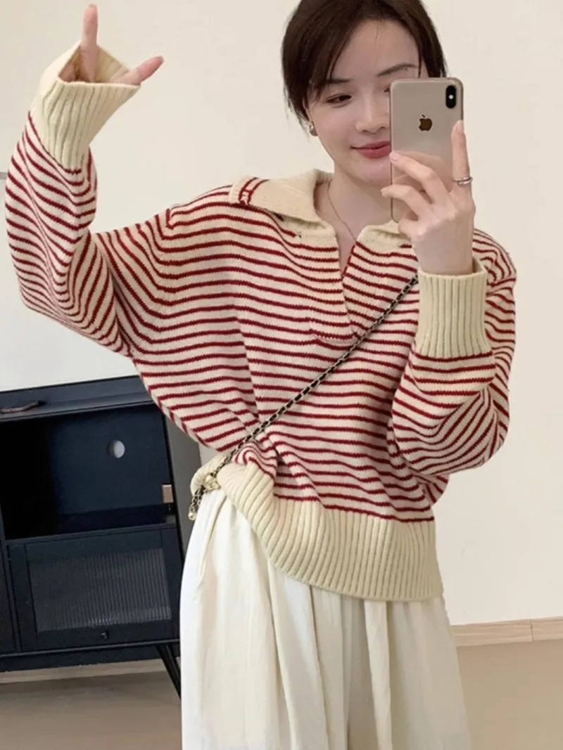 Pullover Sweater Female 2023 Korean Women Autumn Academy Sweater Loose and Slim Versatile Striped Top Long Sleeve Knit Sweater