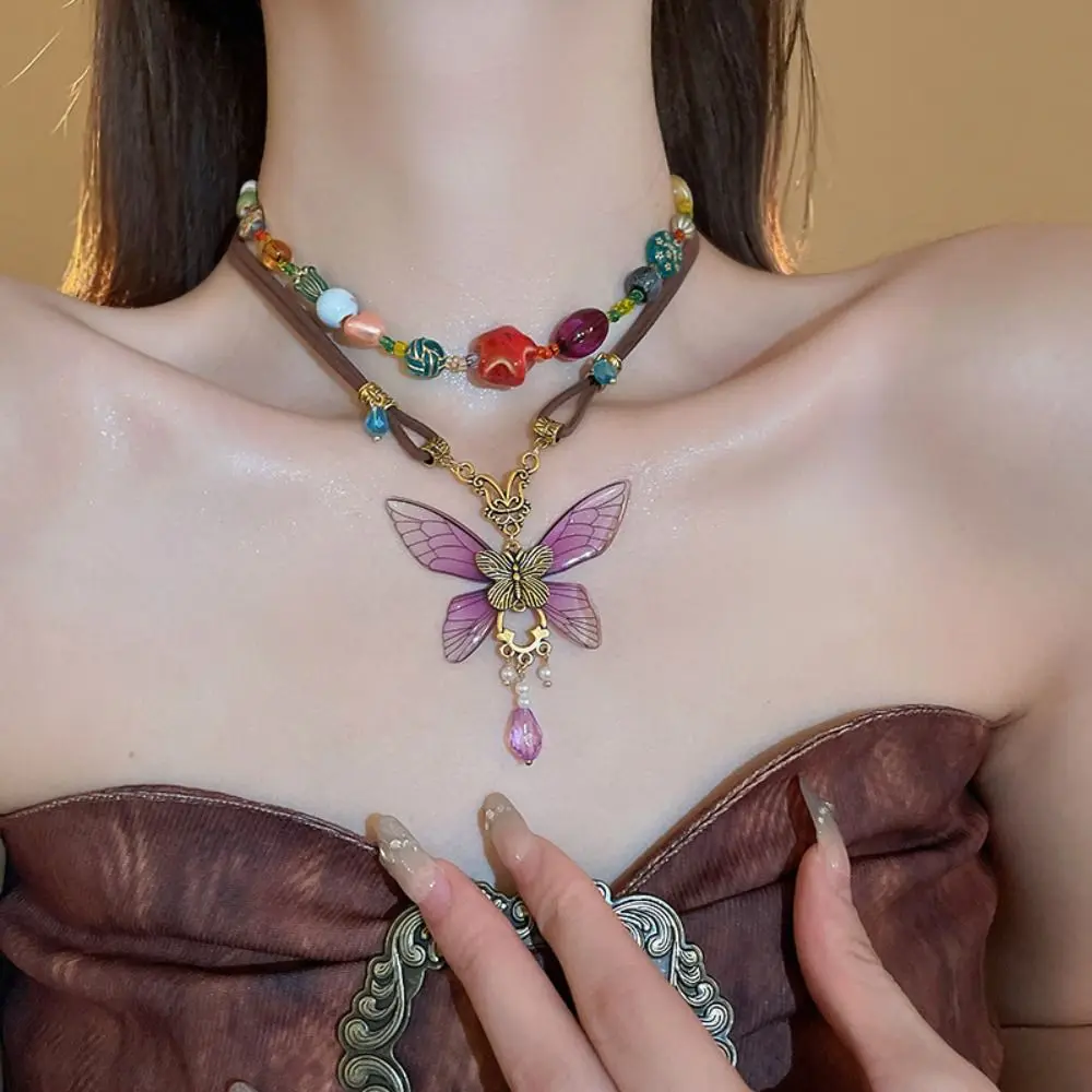여성용 Y2K 도파민 목걸이, 다채로운 나비 목걸이, 귀여운 비즈 쇄골 체인, 스위트 초커 파티 쥬얼리