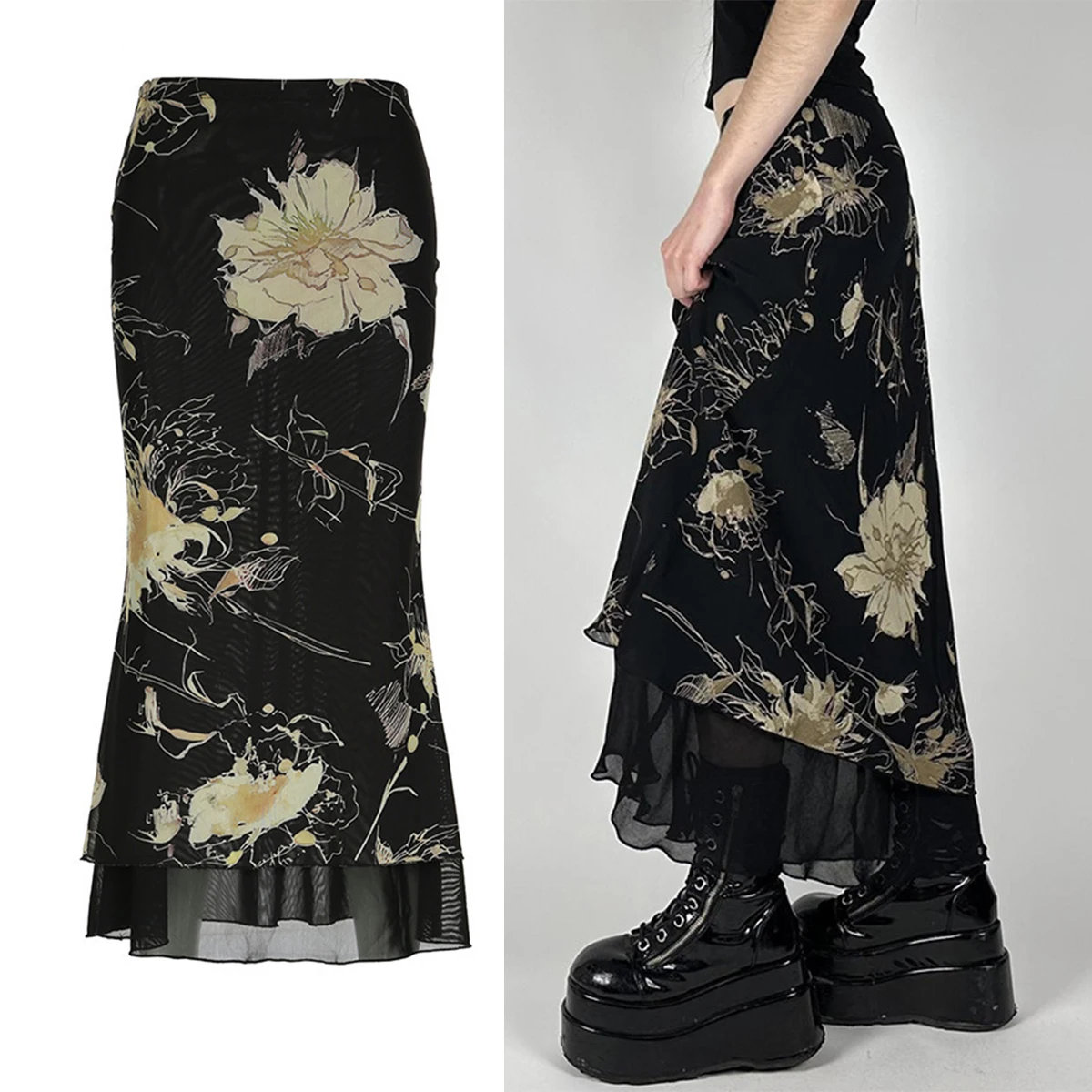 

Goth Dark Y2K Aestheics Double Layer Mesh A-line Skirt Women Fashion Florals Print Slim Skirts Fairy Streetwear Gothic Bottoms