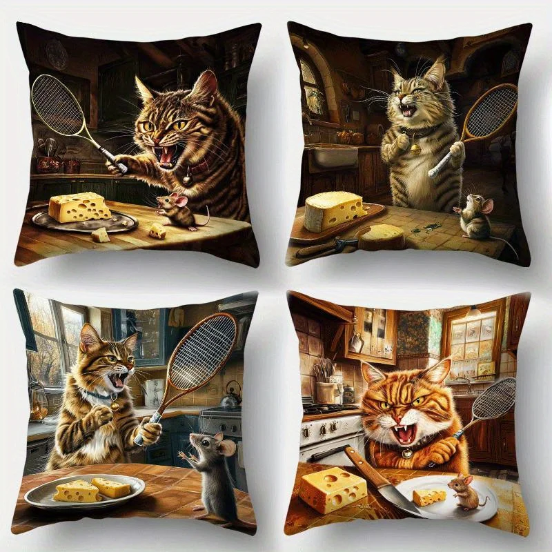 4pcs Funny Tennis Cat & Mouse Kitchen Throw Pillow Covers, Humorous Tabby Cat with Tennis Racket Cheese Print Cushion Cases