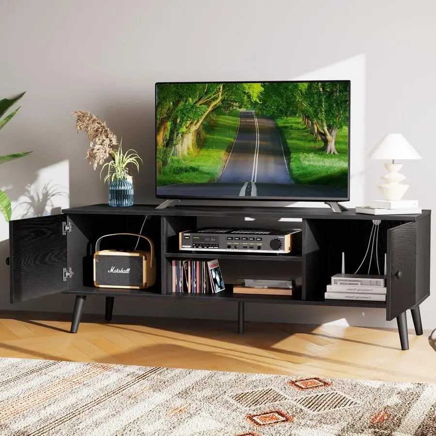 

TV Stand for 55 60 inch TV, Modern Mid Century Entertainment Center with Storage, Media Console Table 2 Cabinet, Soft Hinge, Ha