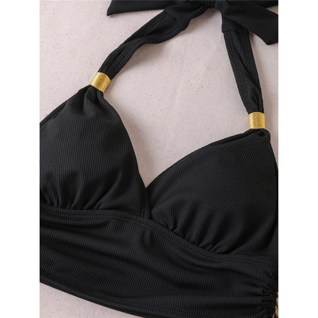 S - XXL 2026 Gerippter Neckholder-Bikini mit mittelhohem Bund, Damen-Badeanzug, zweiteiliger Bikini-Set, Badebekleidung, Badeanzug, Schwimmanzug V6447 – Detail 15