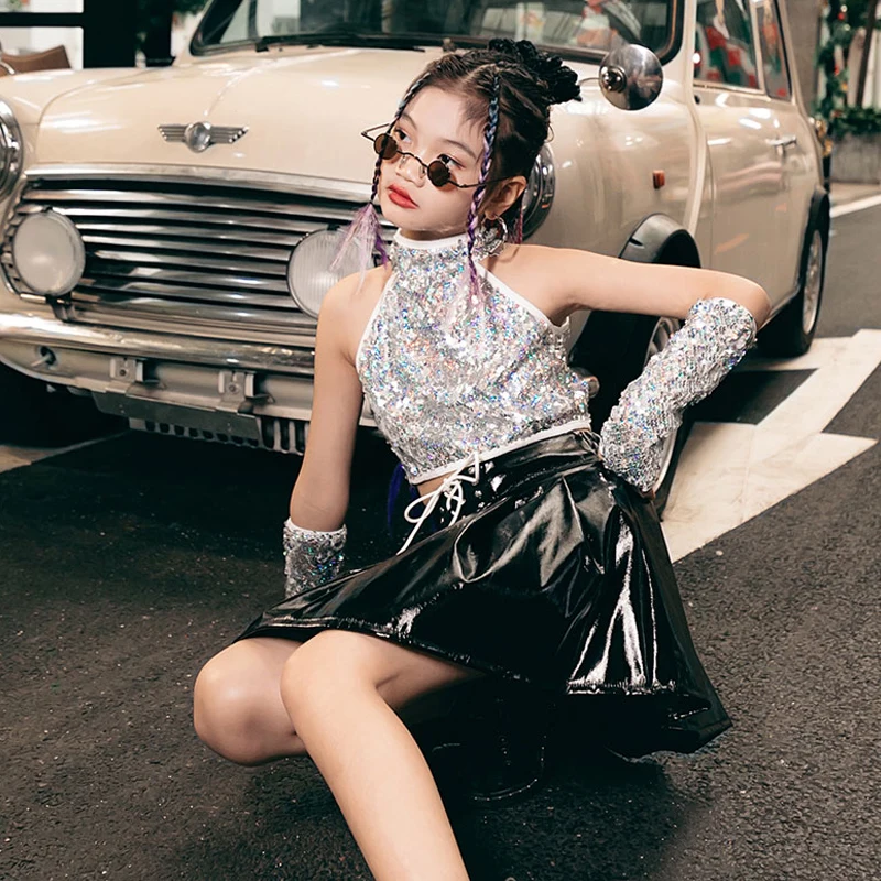 Girls Jazz Dance Costume Silver Sequin Tops Sleeve Black Skirt Modern Street Dance Stage Performance Clothes HipHop Suit DQL7002