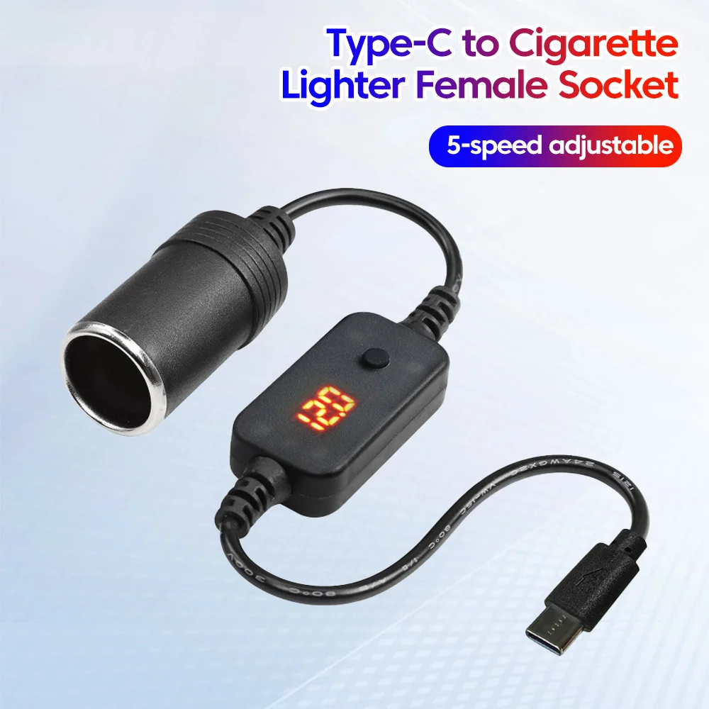 Type-C To 12V Car Cigarette Lighter Power Adapter Socket Step Up Cable Power Cord With LED Converter Car Electronics Accessories