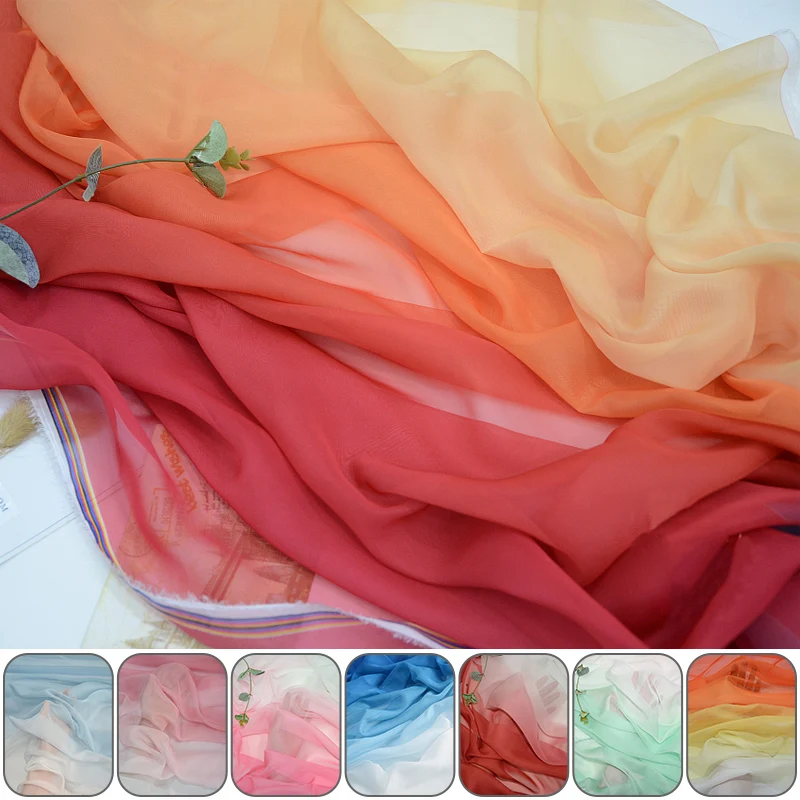 1M Rainbow Gradient Color Flowy Chiffon Fabric Organza Tulle Fabric For Diy Ancient Style Hanfu Dress Stage Costume Background