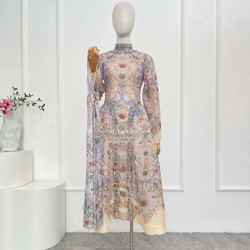 Damska sukienka jedwabna w kwiatowy wzór, sukienki midi ze stójką, długi rękaw, fioletowa vintage jesień nowość 2025