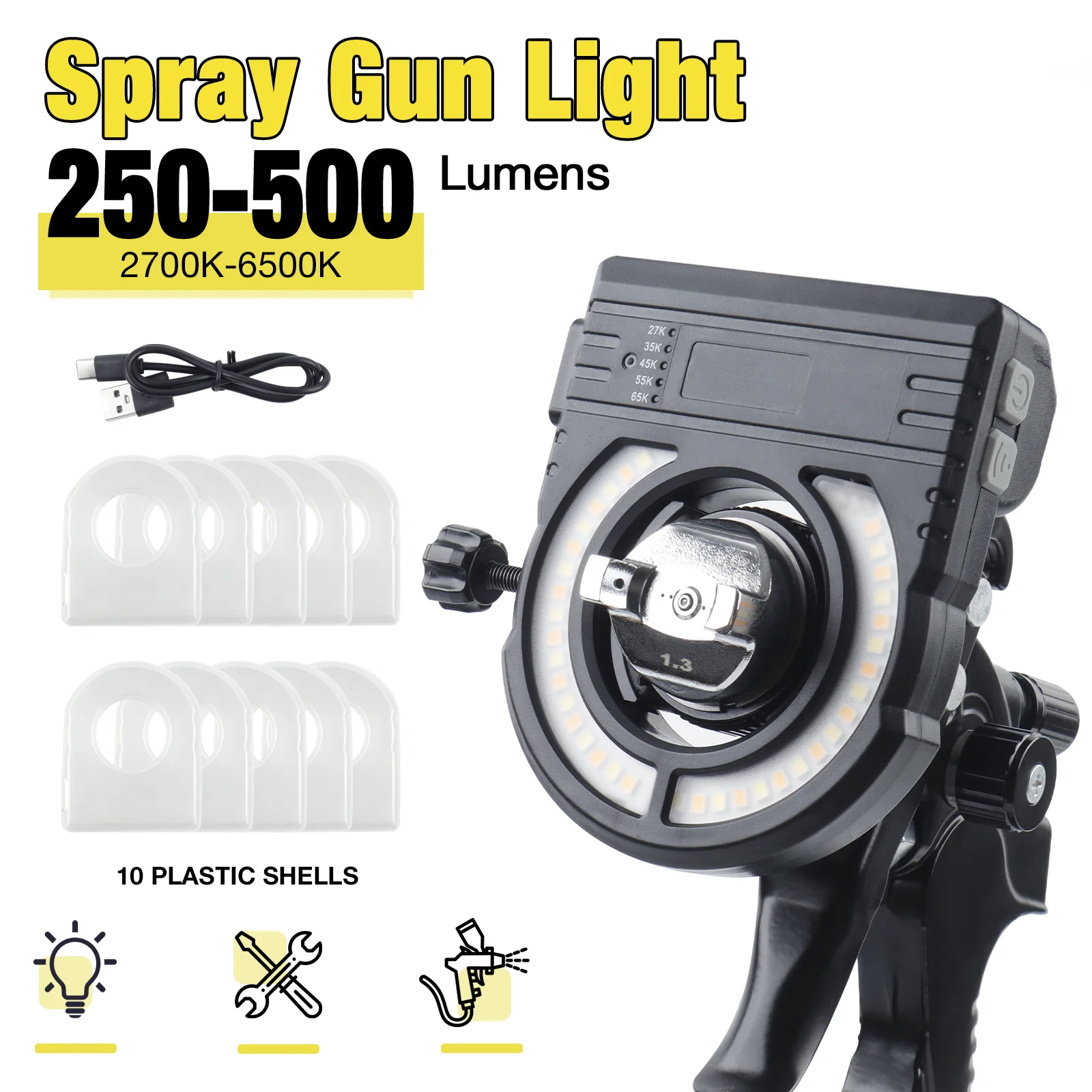 Éclairage pour pistolet pulvérisateur de voiture, éclairage réglable, autonomie de 4 heures, éclairage de remplissage de peinture, compatible avec la plupart des pistolets pulvérisateurs, pour travaux
