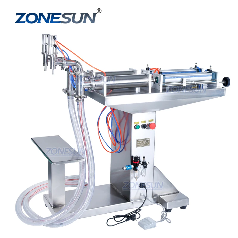 

ZONESUN ZS-YTFS2 100-1000ML Double Head Pneumatic Semi-automatic Edible Essential Oil Liquid Jar Filling Machine