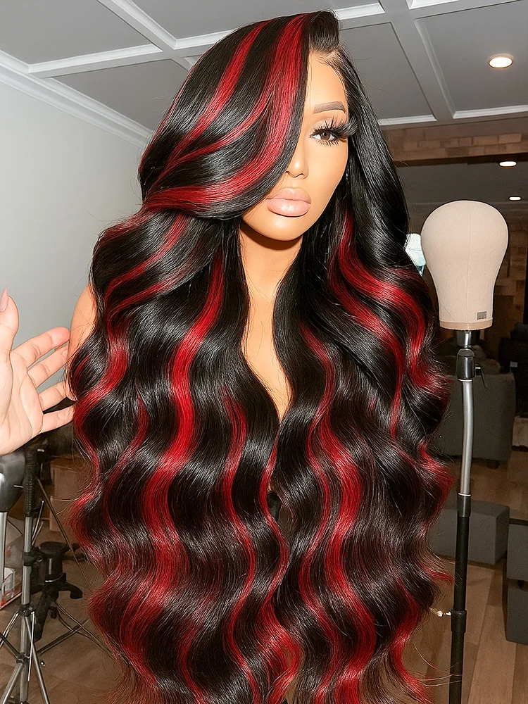

1B/99J Highlight Body Wave 30 Inch 5x5 Glueless Wig Human Hair Brazilian PrePlucked Ombre Red With Black Colored Lace Front Wigs