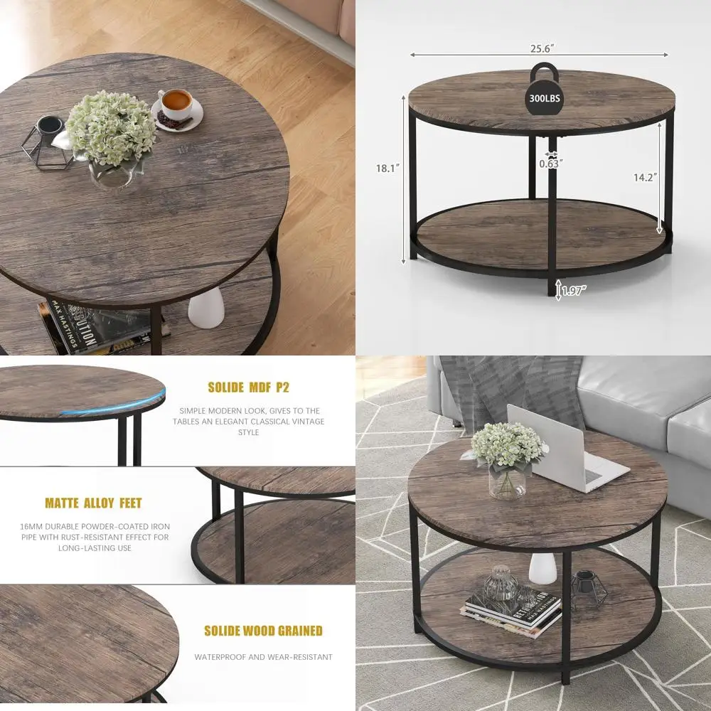 Modern 2-Tier Light Walnut Coffee Table with Storage, 25.6 Small Living Room Furniture