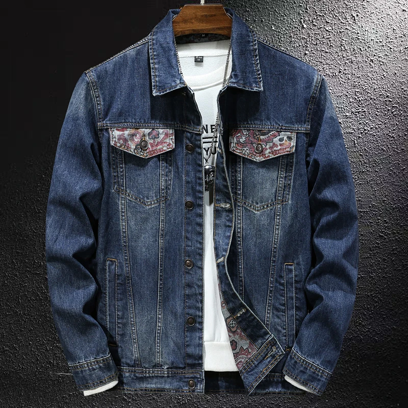 2024 New Fall Denim Jacket Men's Trendy All-Match Stitching Printed Fabric Fashion Polo Collar Retro plus Size Jacket