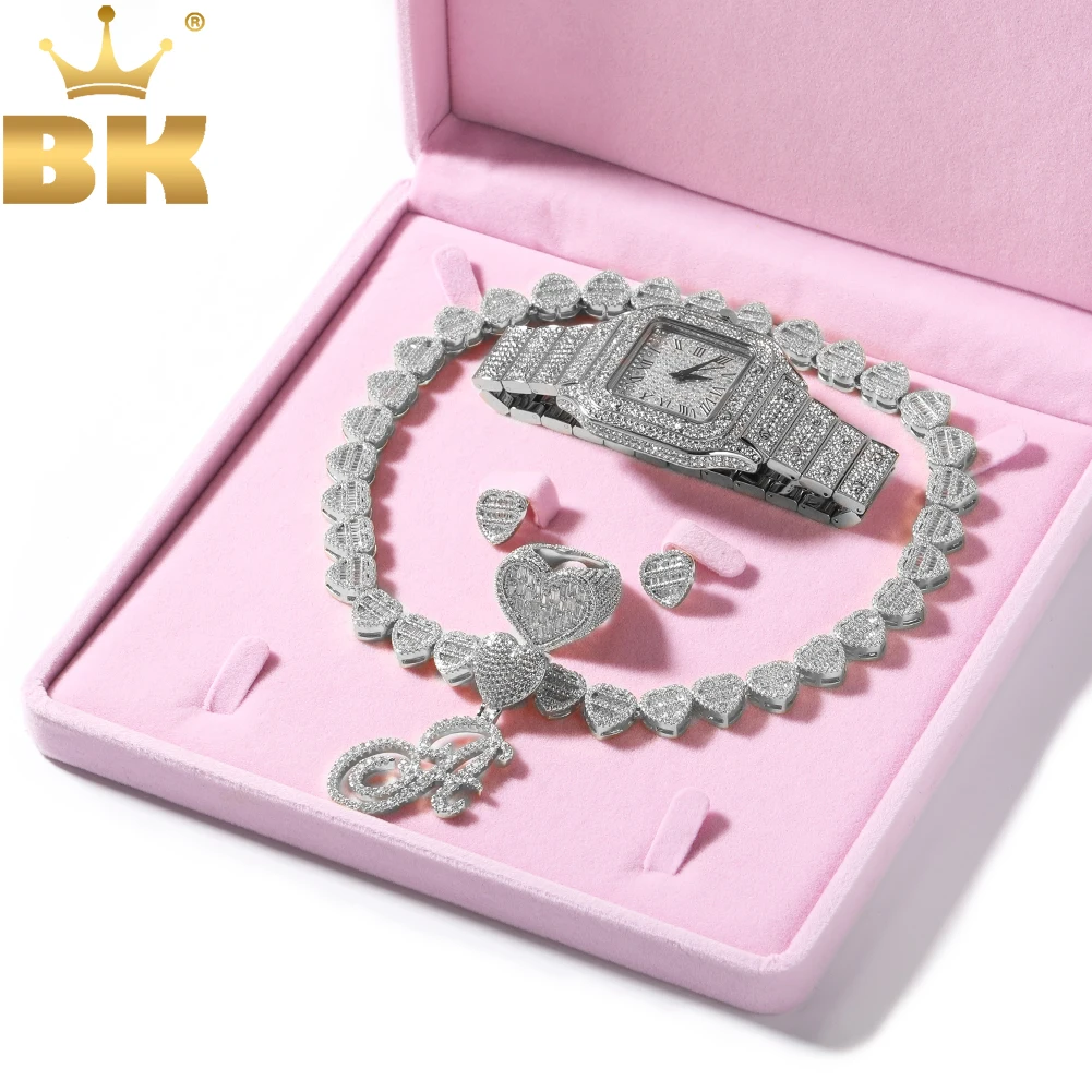 

TBTK Heart Collection Watch Set Iced Out Cubic Zirconia Heart Baguettecz Ring Earring Letter Pendant Jewelry For Women