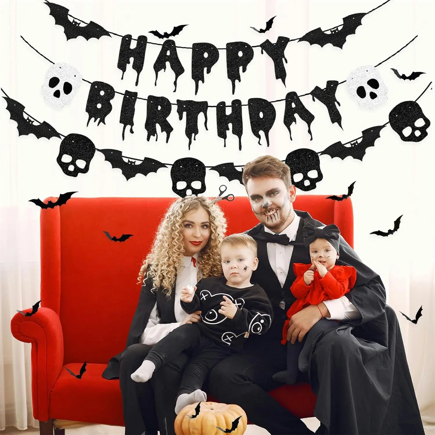Schwarzes Glitzerndes Happy Birthday Halloween-Banner mit Fledermäusen und Totenköpfen, 3D-Fledermaus-Aufkleber für Horror-Geburtstagsfeier-Dekorationen, Gruselige Party-Deko – Detail 2