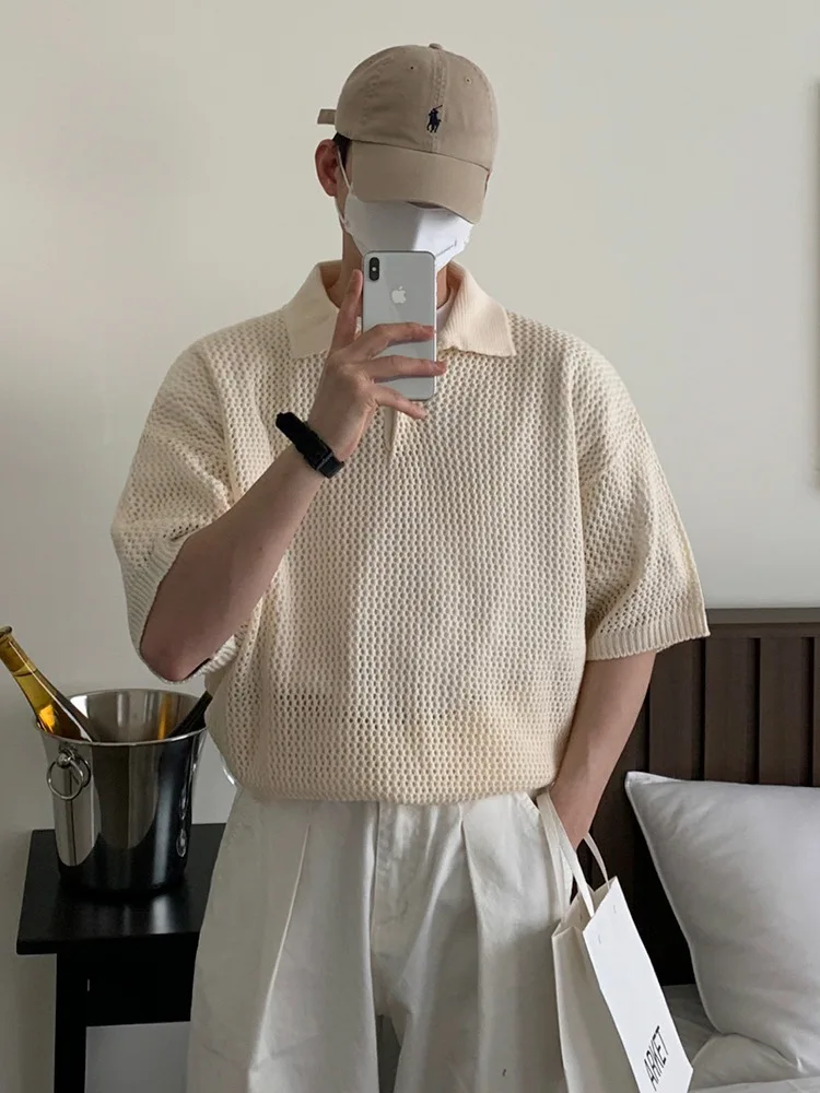 

MYQ Design Knitted Polo Shirt Short T Men's Summer Loose Lapel Short Sleeve Korean Style Trendy Hollow Half Sleeve